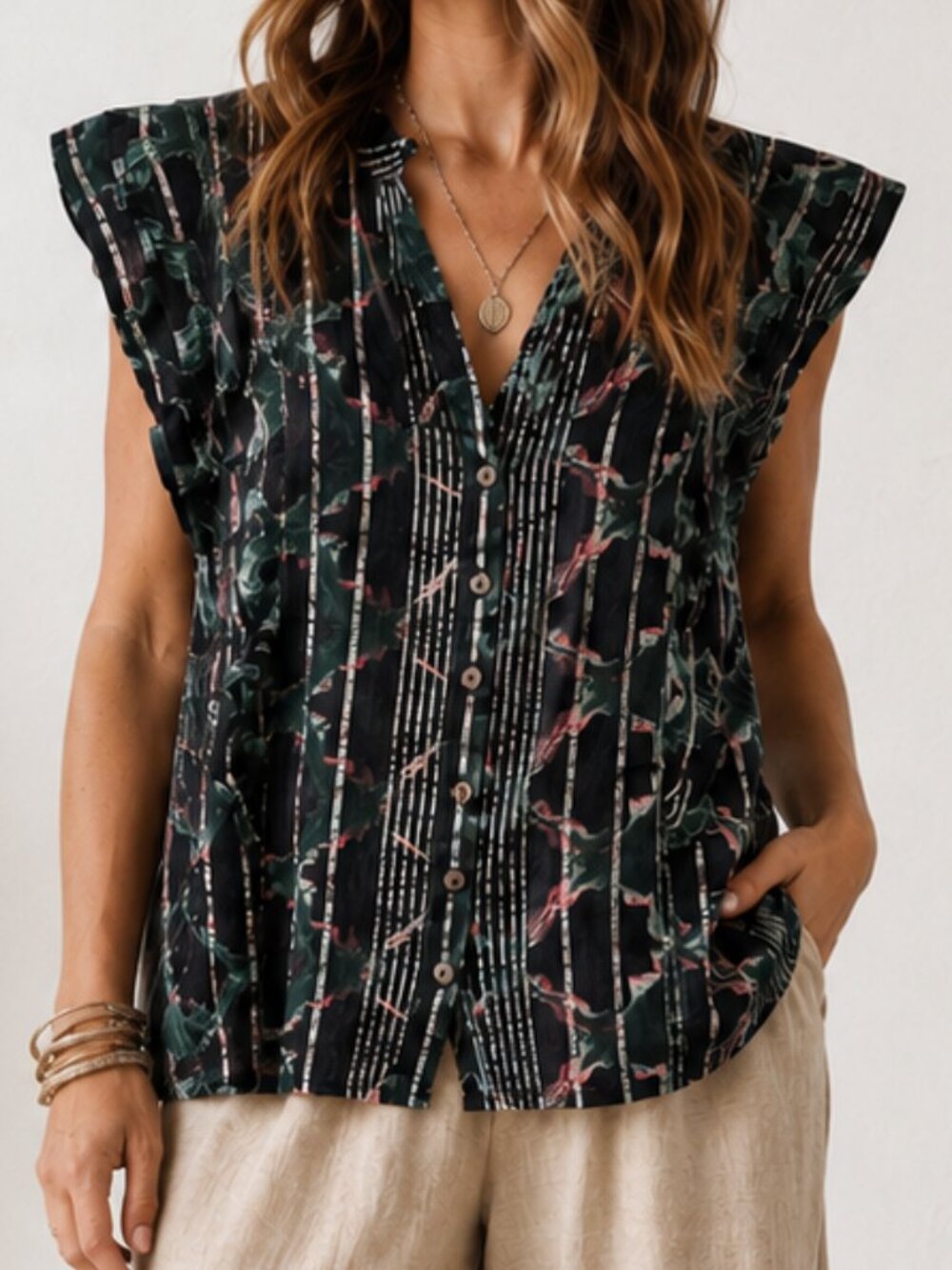 ANTHROPOLOGIE Pilcro Black Ruffled Metallic Button Down Boho Blouse Top S EUC